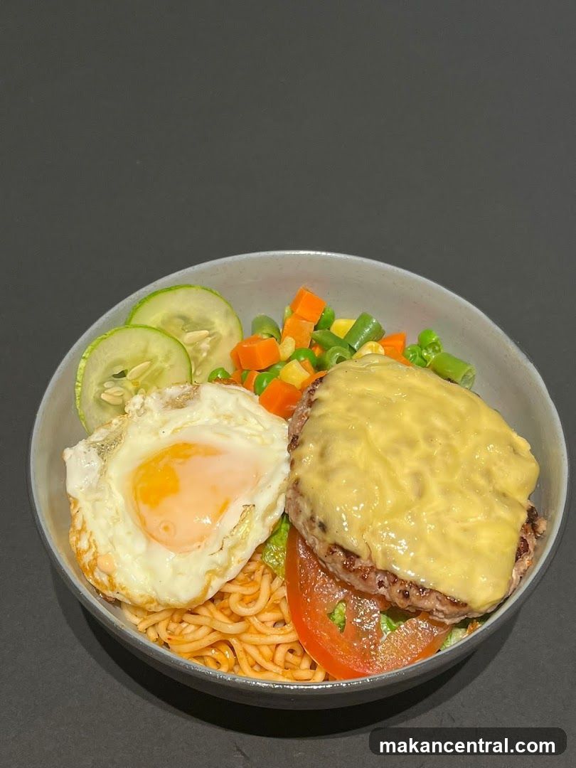 Noodle Bowl with Burger and Egg