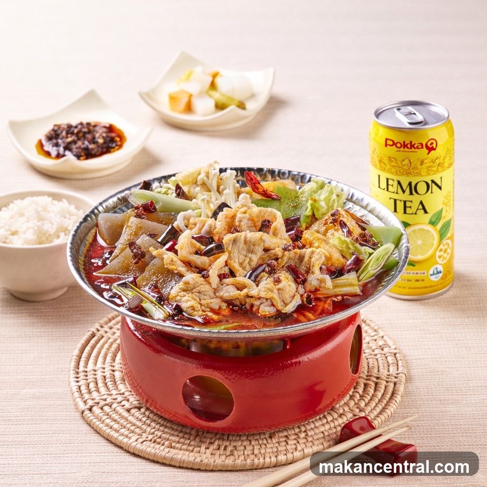 Spicy Pork Hot Pot with Rice and Lemon Tea