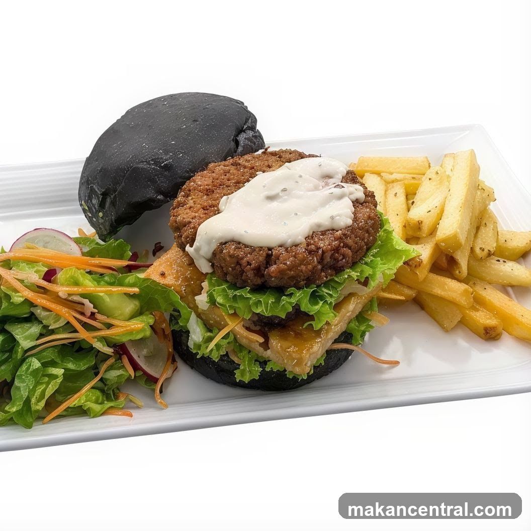 Black Burger with Fries and Salad