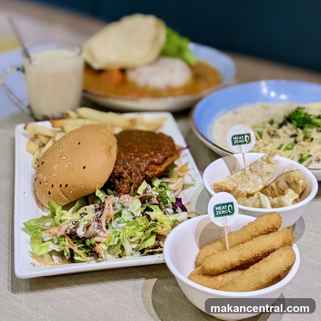 Plant-based meal with burger, fries, pasta, and dumplings