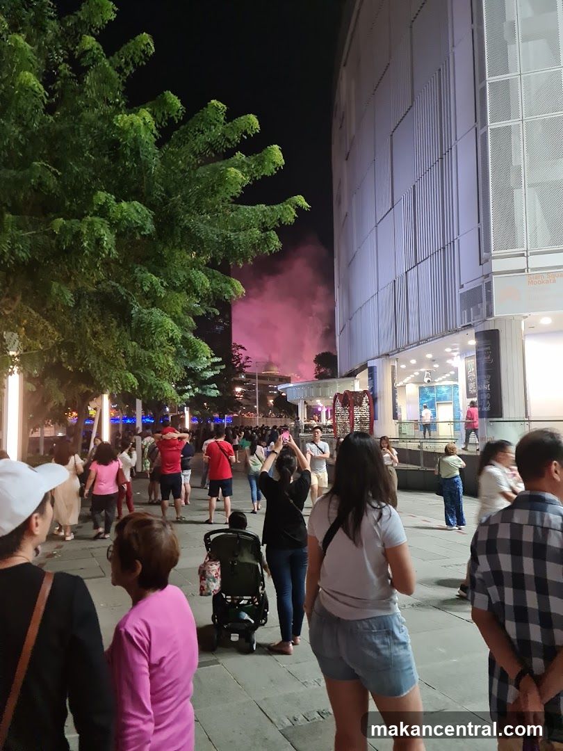 Crowd watching a pink smoke display
