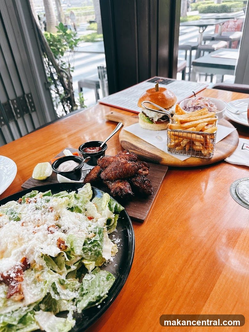 Burger, Fries, Wings, and Salad