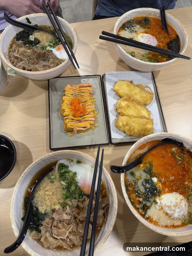 Four bowls of ramen and two appetizers