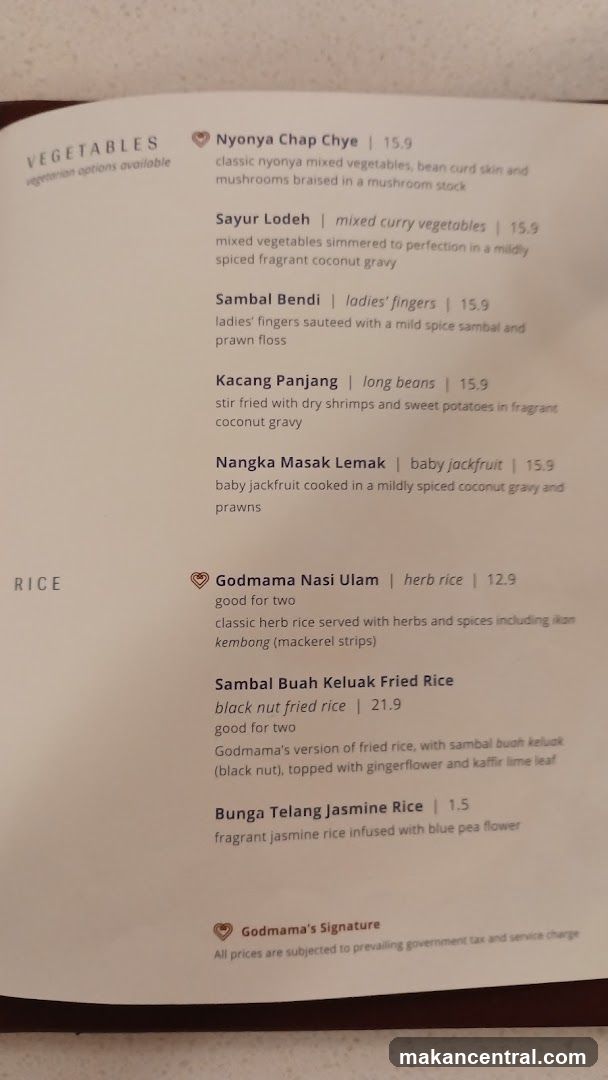 Vegetables and Rice Menu
