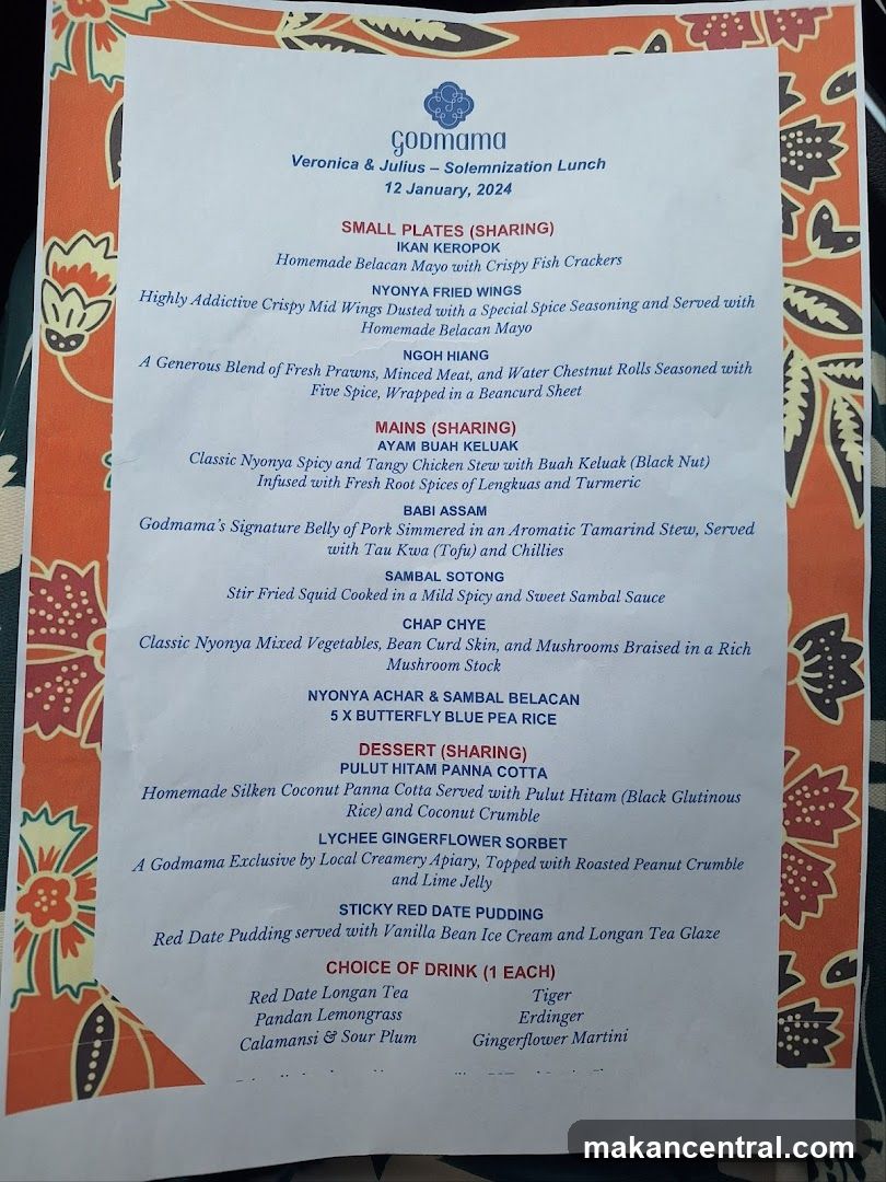 Godmama Solemnization Lunch Menu