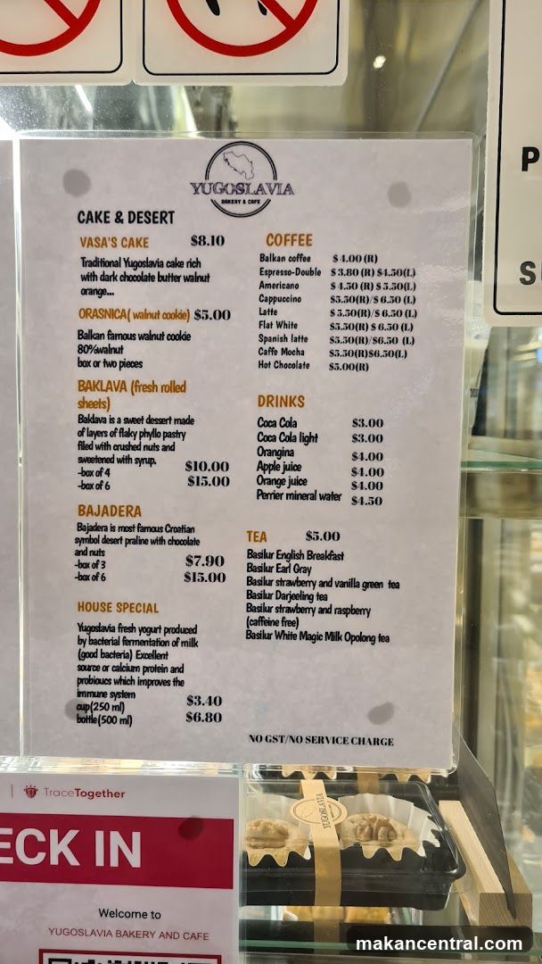 YUGOSLAVIA BAKERY & CAFE MENU