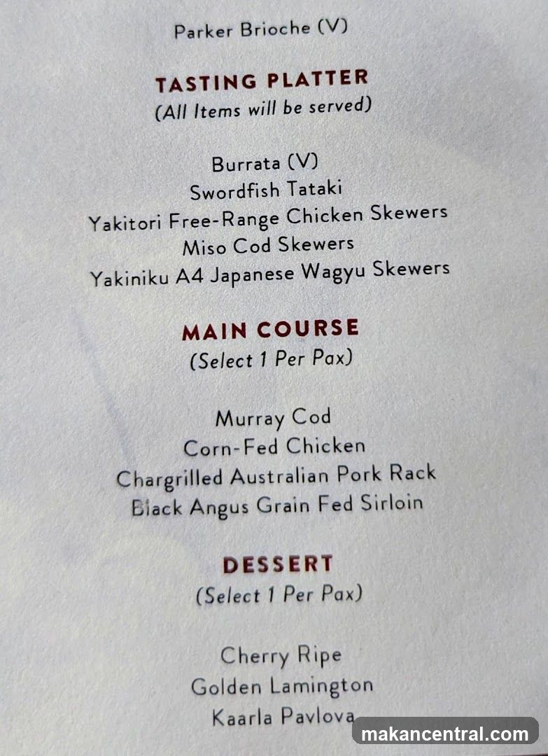 Tasting Platter, Main Course, and Dessert Menu