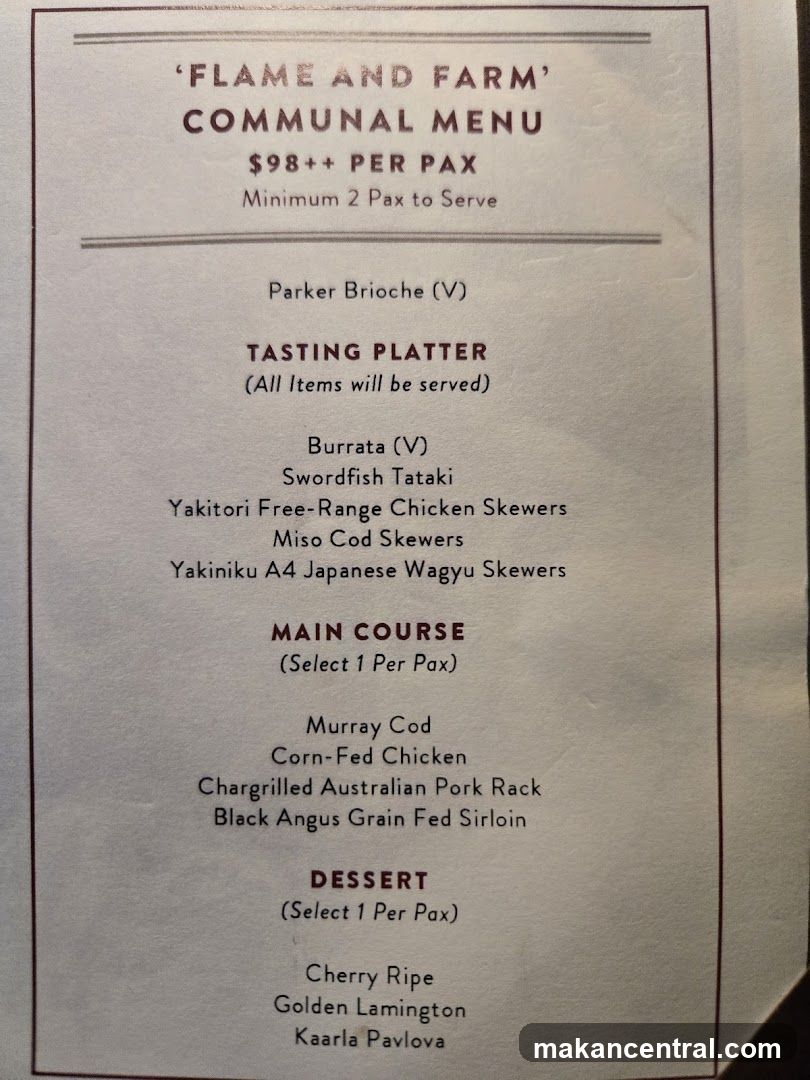 'FLAME AND FARM' COMMUNAL MENU