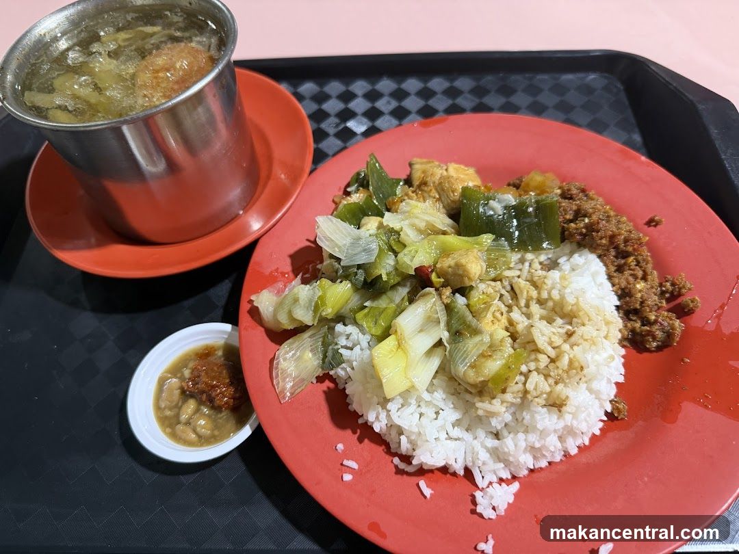 Rice dish with side dishes and soup