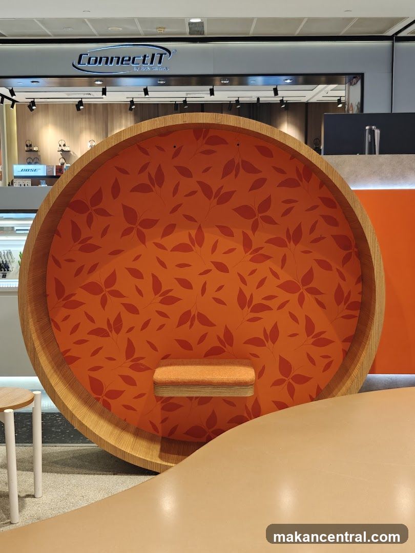 Interior seating area with store signage