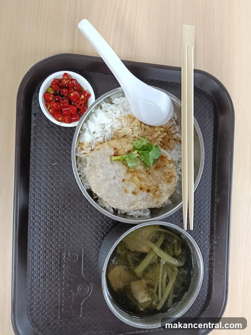 Meal Tray with Rice, Patty, Soup, and Chili
