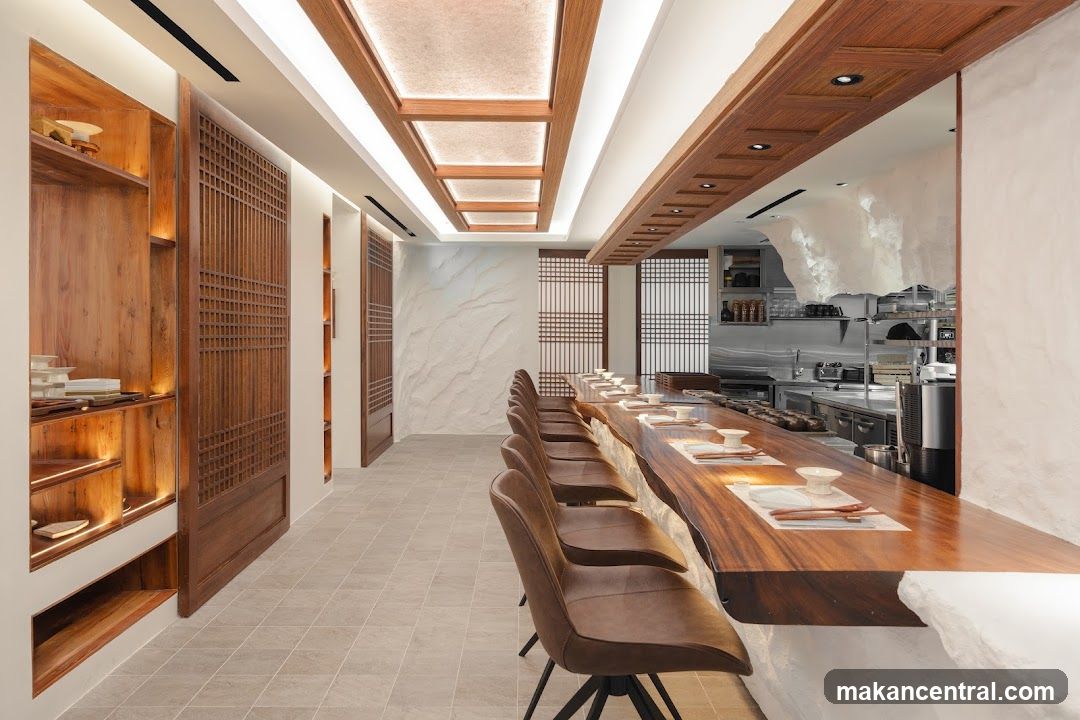 Modern Restaurant Interior with Live-Edge Bar