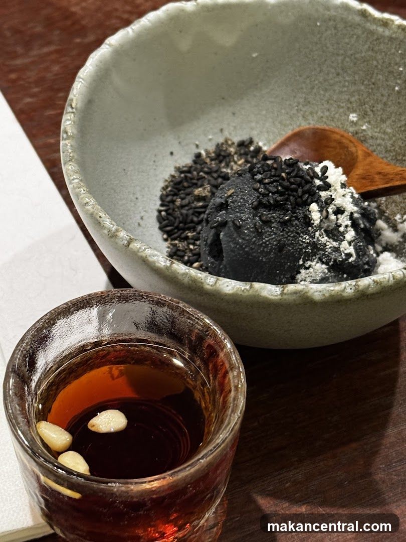 Black Sesame Ice Cream with Pine Nuts and Tea