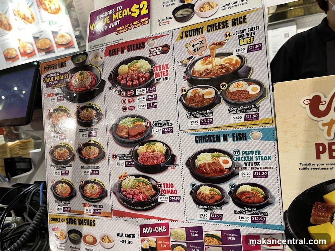 Pepper Rice, Beef N' Steaks, J'Curry Cheese Rice, Chicken N' Fish