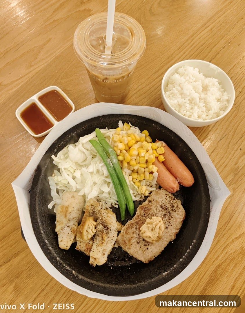 Sizzling Steak Platter with Coffee and Rice