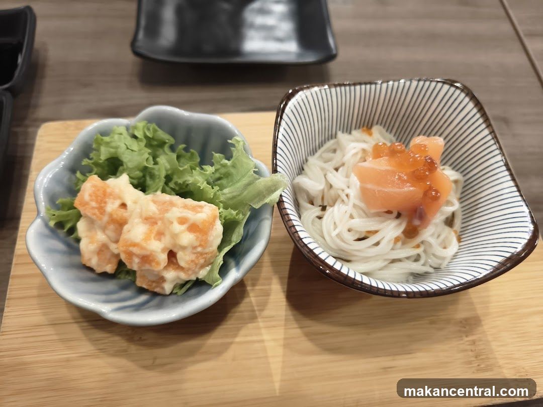Salmon and Roe Noodles with Side Salad