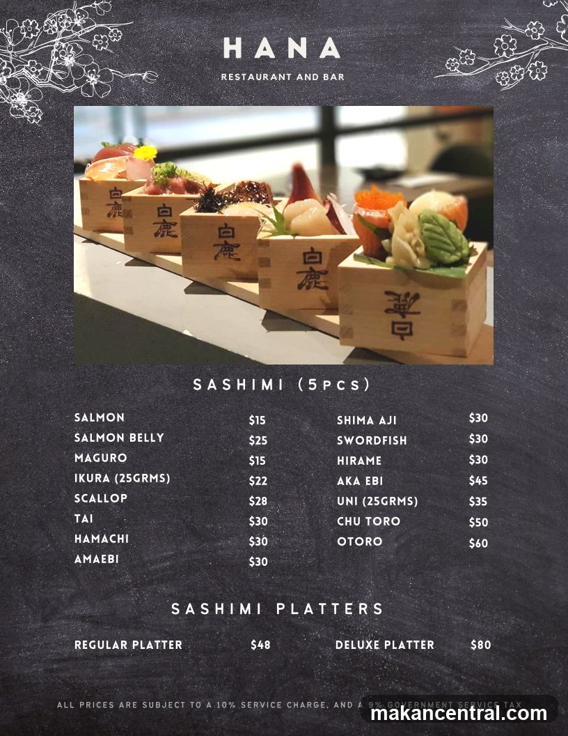 HANA RESTAURANT AND BAR SASHIMI MENU