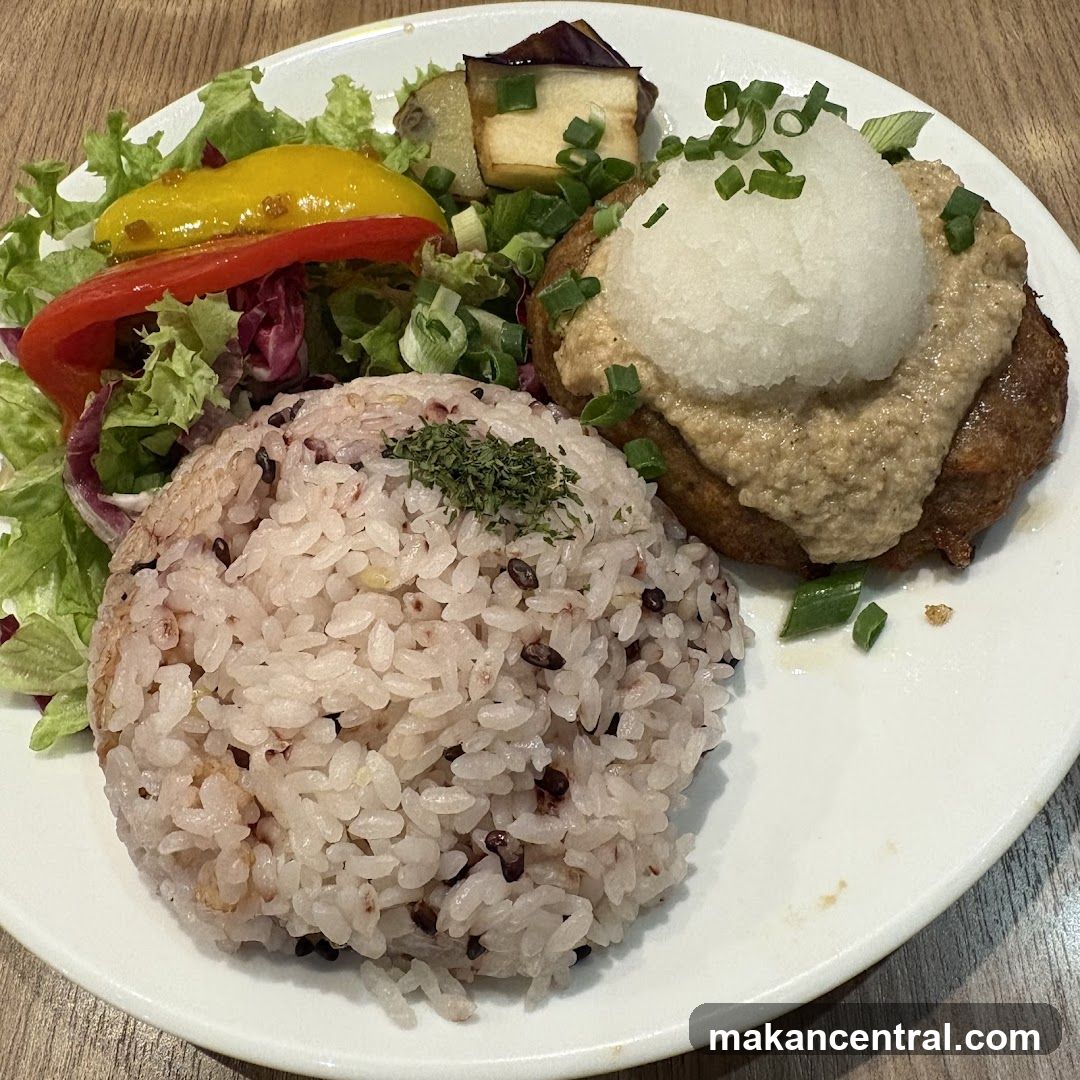 Hamburger steak with rice and salad