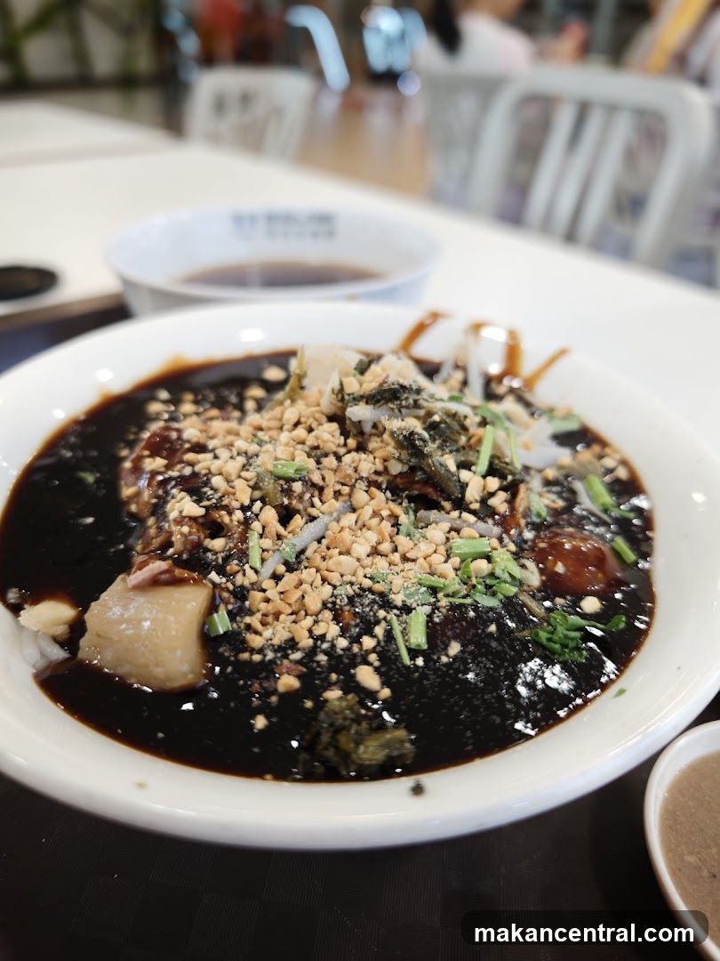 Bowl of Noodles with Dark Sauce and Toppings
