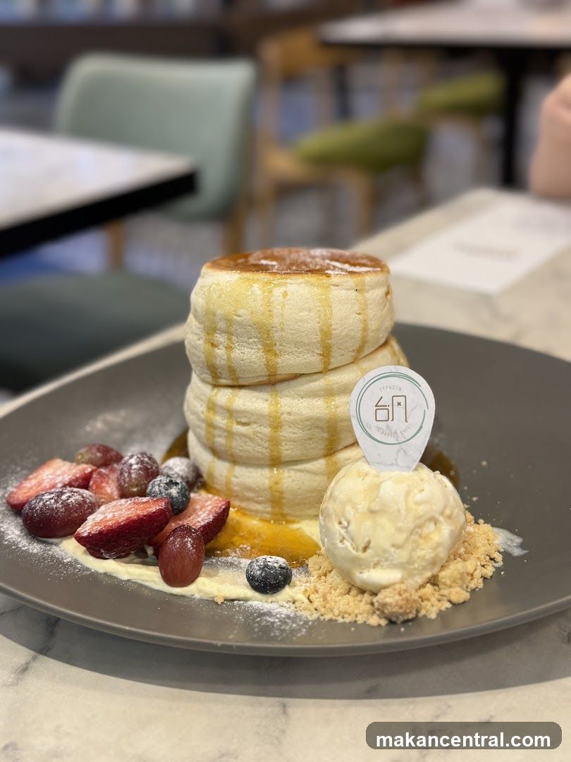 Fluffy Pancakes with Ice Cream and Fruit