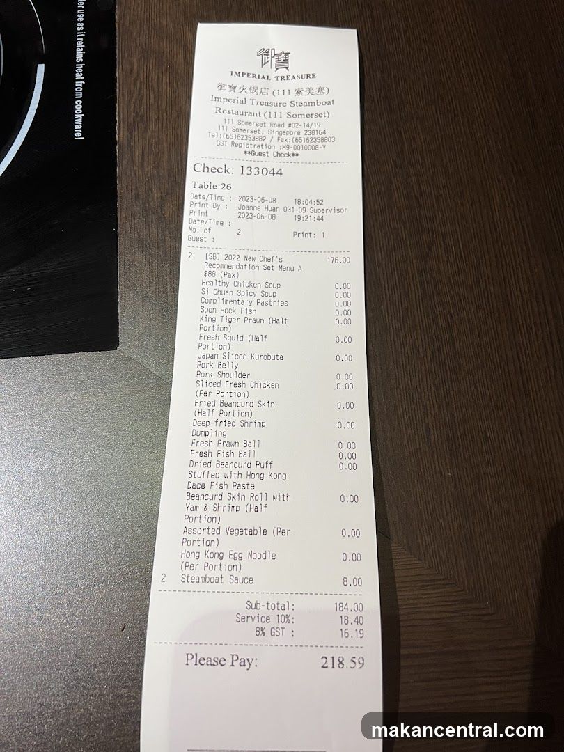 Imperial Treasure Steamboat Restaurant Check