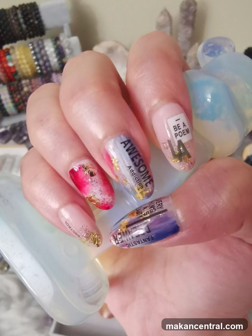 Nail Art with Text and Gold Flakes