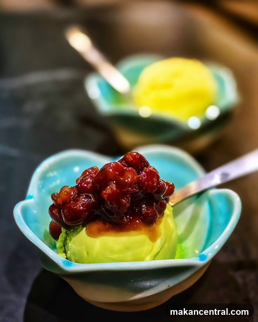 Matcha Ice Cream with Red Bean Topping