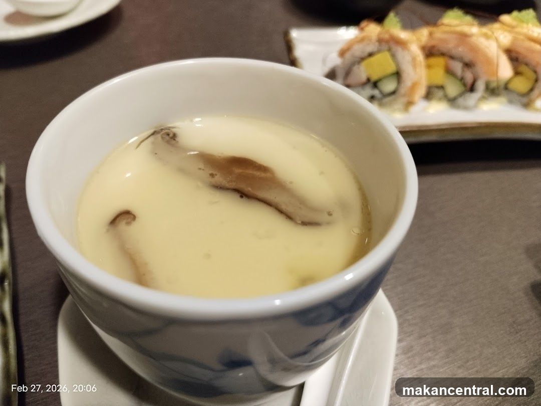 Steamed Custard with Mushrooms and Sushi Rolls