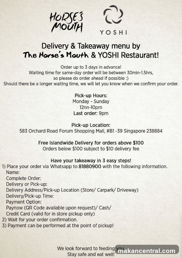 Delivery & Takeaway menu by The Horse's Mouth & YOSHI Restaurant!