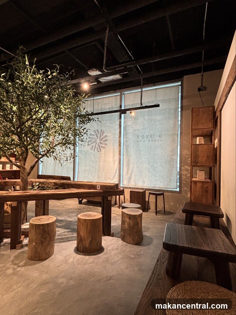 Interior of a cafe with rustic seating