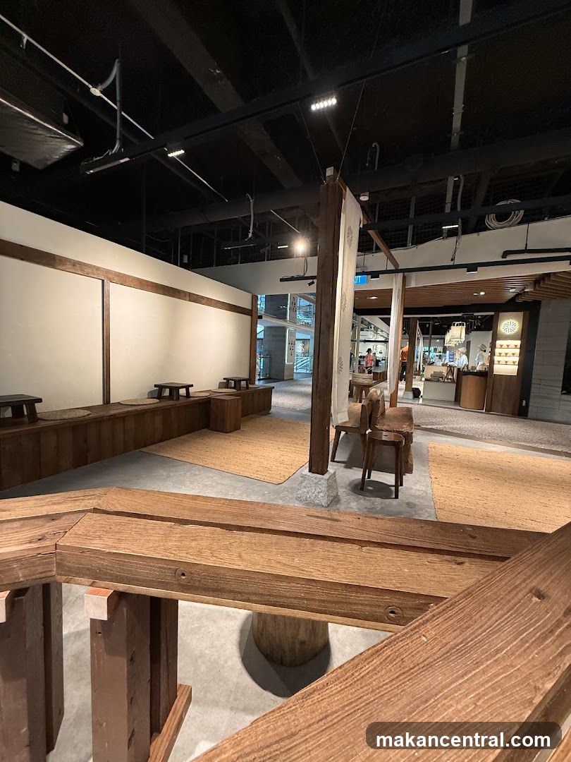 Interior of a cafe with wooden furniture and seating