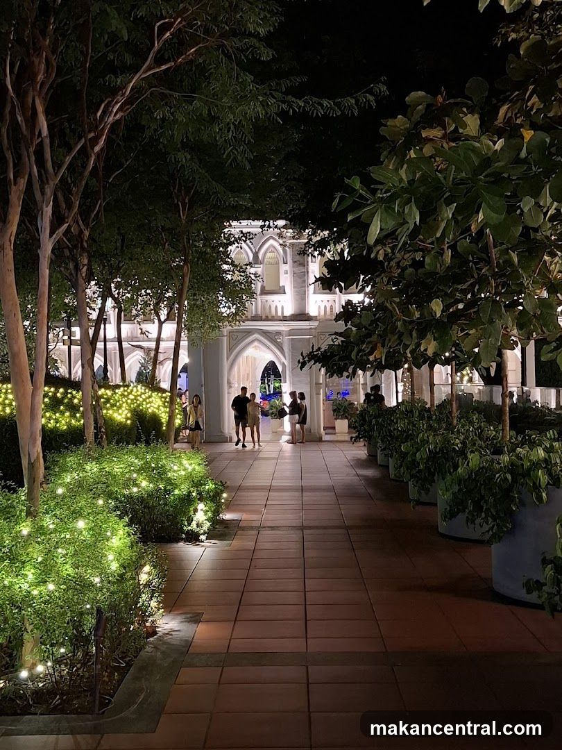 Nighttime Courtyard with Illuminated Building