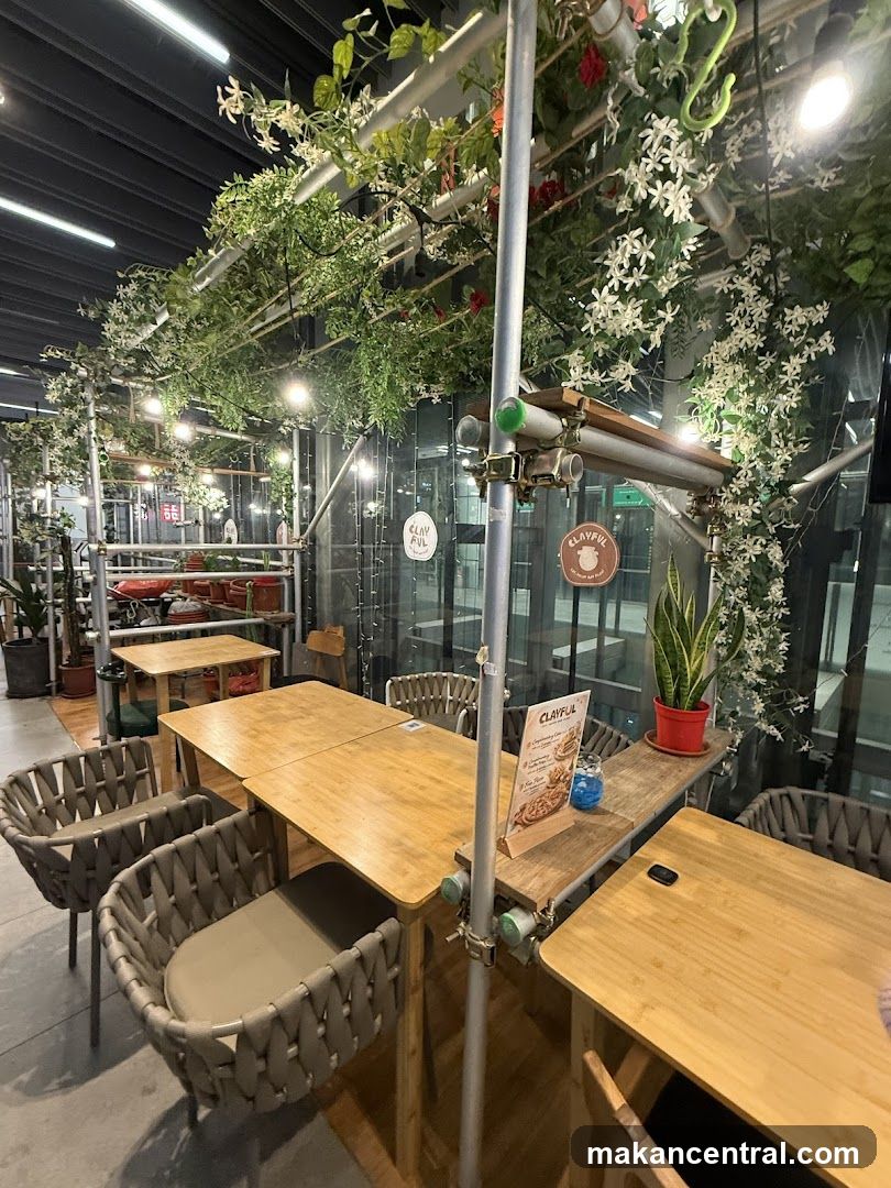 Cafe Interior with Greenery and Seating