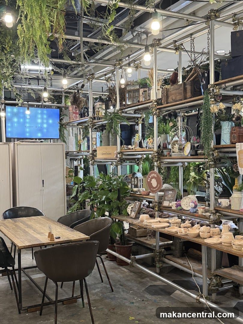 Interior of a shop with plants and shelves