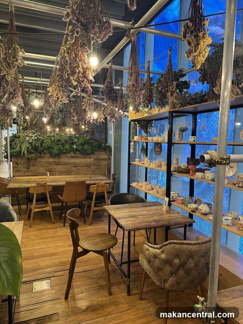 Cafe Interior with Dried Flowers and Shelves of Ceramics