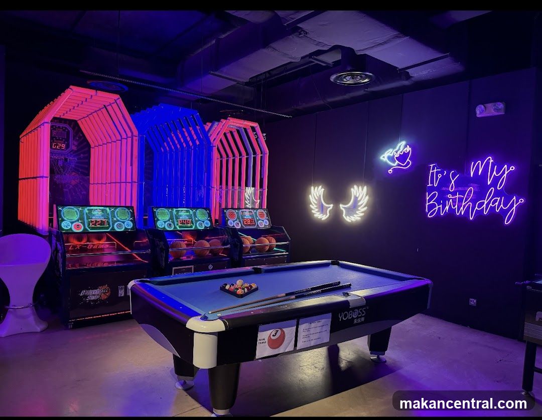 Game Room with Pool Table and Arcade Games