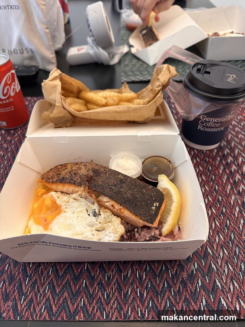 Salmon and Rice Meal with Fries and Coffee