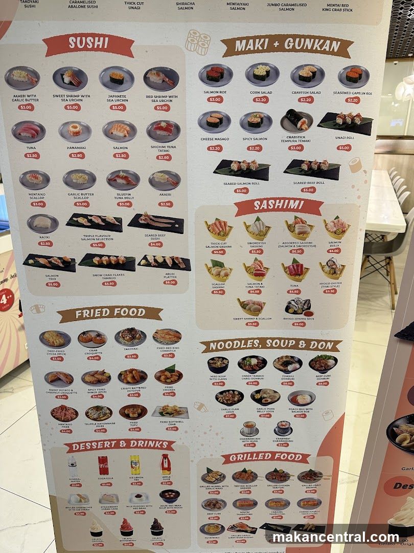 Sushi, Maki, Gunkan, Sashimi, Fried Food, Noodles, Soup & Don, Dessert & Drinks, Grilled Food