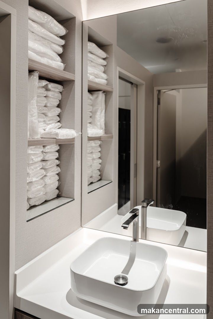 Hotel Bathroom Vanity with Stocked Shelves