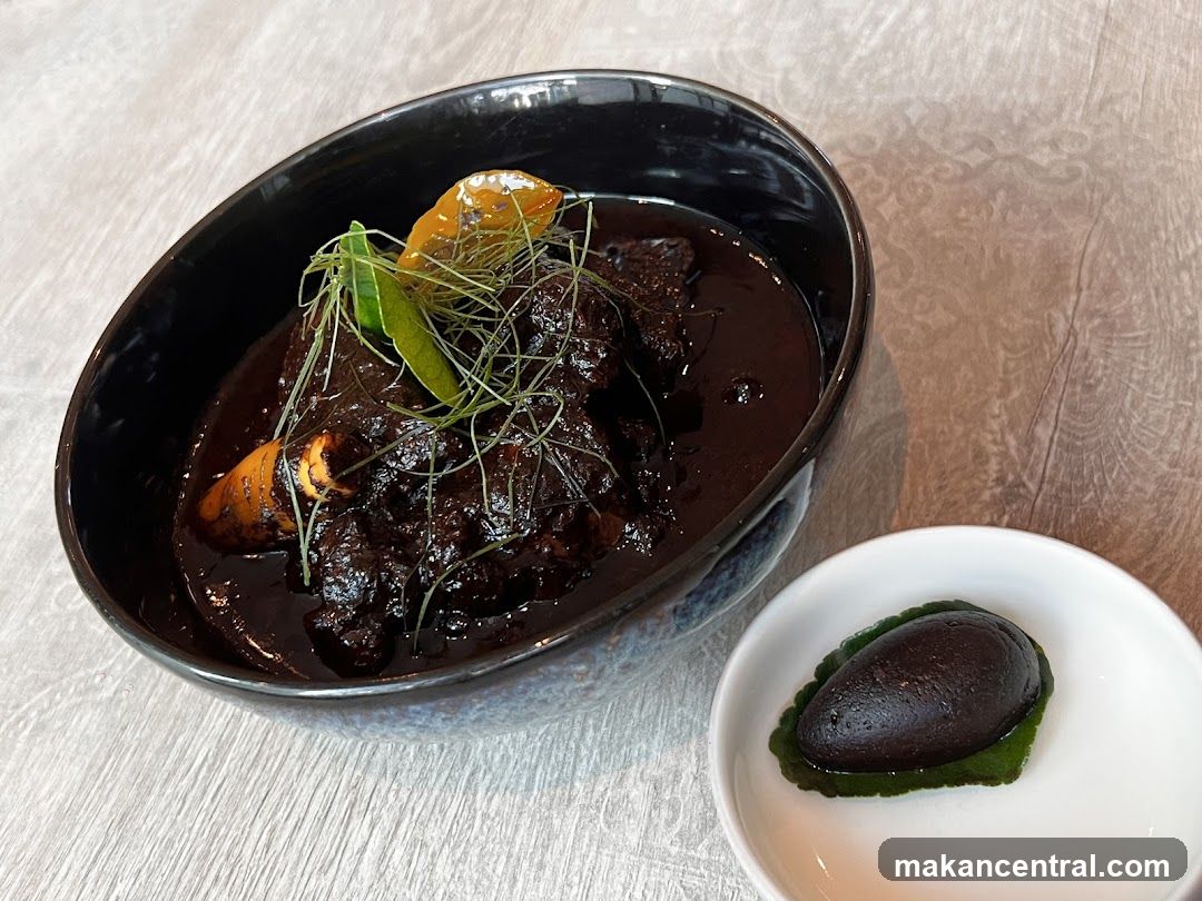 Dark Braised Meat Dish with Garnish and Small Dark Dessert