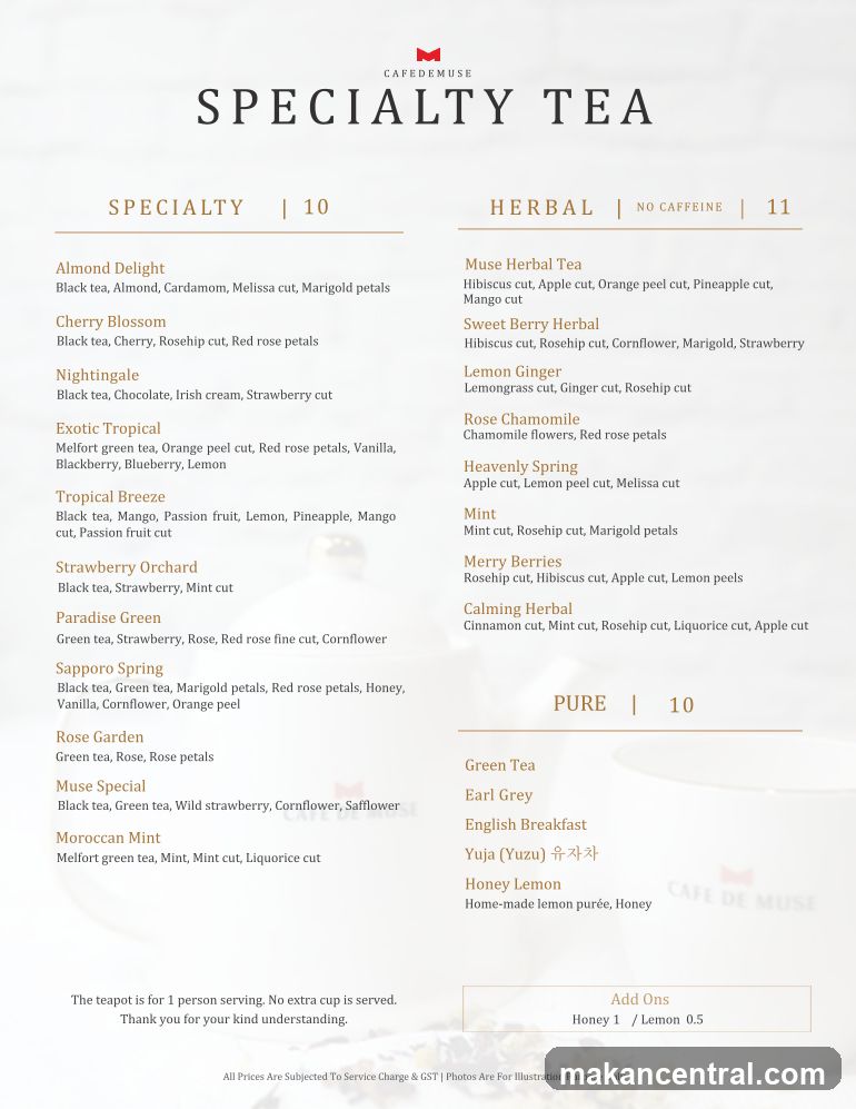 Café de Muse Specialty Tea Menu