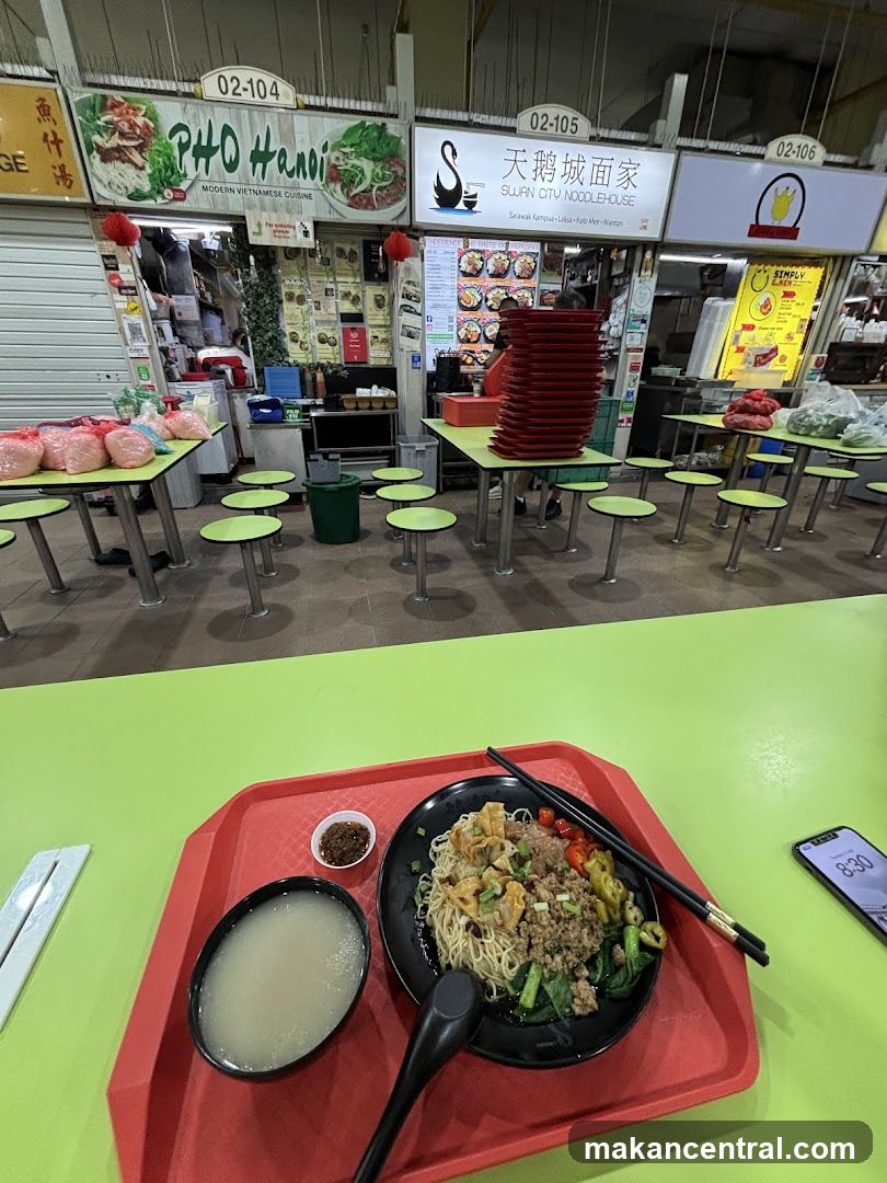 Food court interior with noodle stall signage