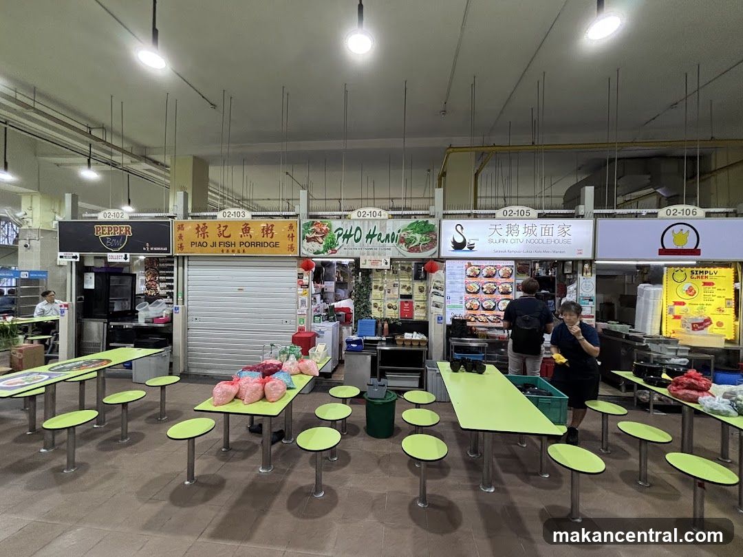 Food court interior with multiple stalls
