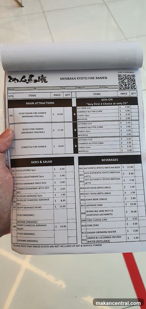 Menbaka Kyoto Fire Ramen Menu