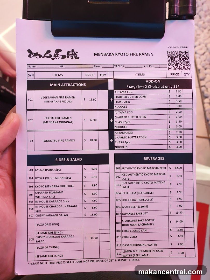 Menbaka Kyoto Fire Ramen Menu