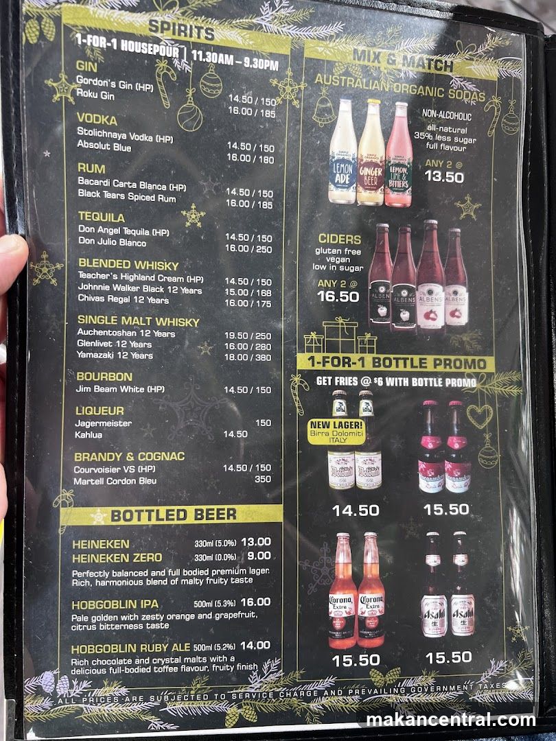 Bar Menu with Spirits and Beverages