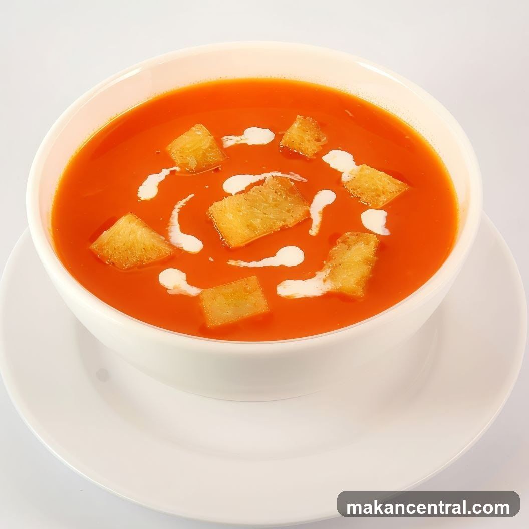 Tomato Soup with Croutons and Cream Drizzle