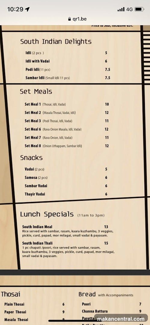 South Indian Delights Menu