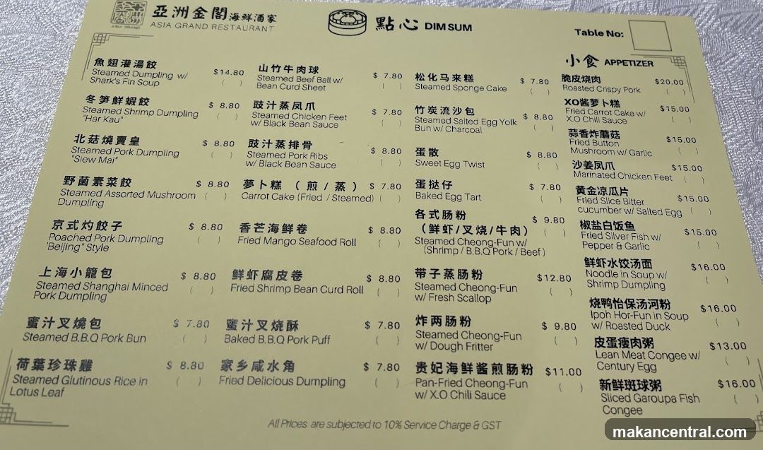 Asia Grand Restaurant Dim Sum Menu