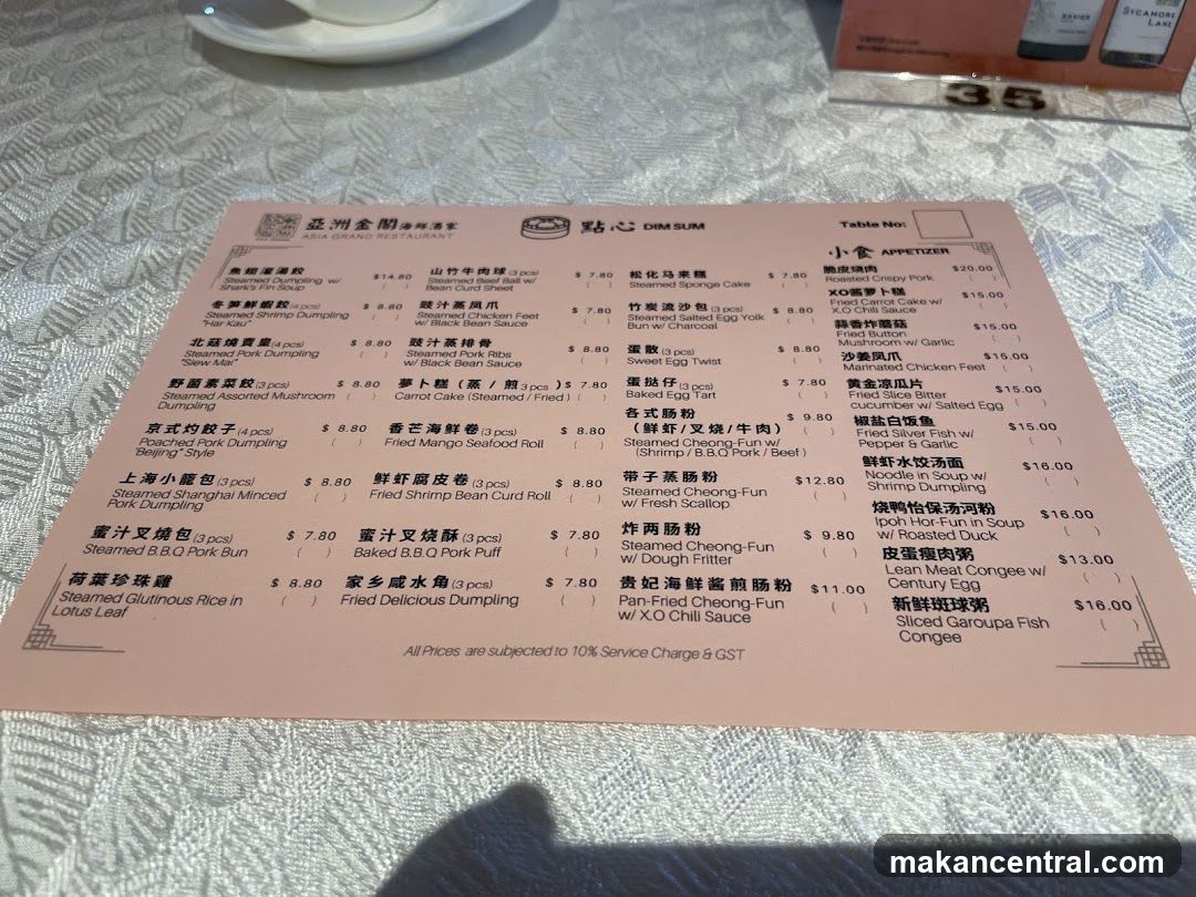 Asia Grand Restaurant Dim Sum Menu